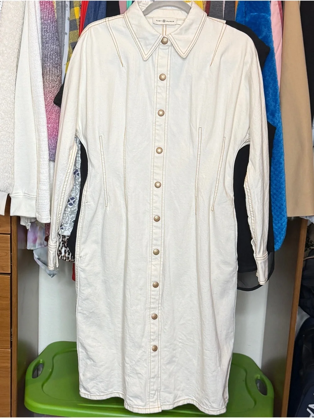 Tory Burch Denim Like Cream Color Full Front Snap Closure Shirt Dress | EUC
